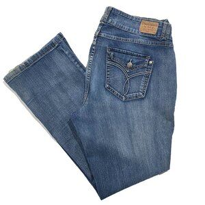 YMI Low Rise Flare Blue Women's 18 Flap Patch Pocket Stretch Y2K Western Boho